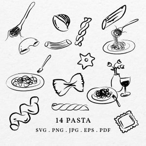 Pasta Illustration Bundle SVG PNG - Hand gezeichnet italienisches Essen Umriss, Hochzeitseinladungskarte Symbol, Menü Vorlage Line Art, wunderlicher Stil