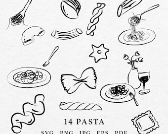 Pasta Illustration Bundle SVG PNG - Hand Drawn Italian Food Outline, Wedding Invitation Card Icon, Menu Template Line Art, Whimsical Style