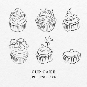 Cup Cake Illustration Bundle SVG PNG - Hand gezeichnet Cup Cake Clip Art für Menüsymbol, Hochzeitseinladung oder Geburtstag, wunderliche Skizzenkunst