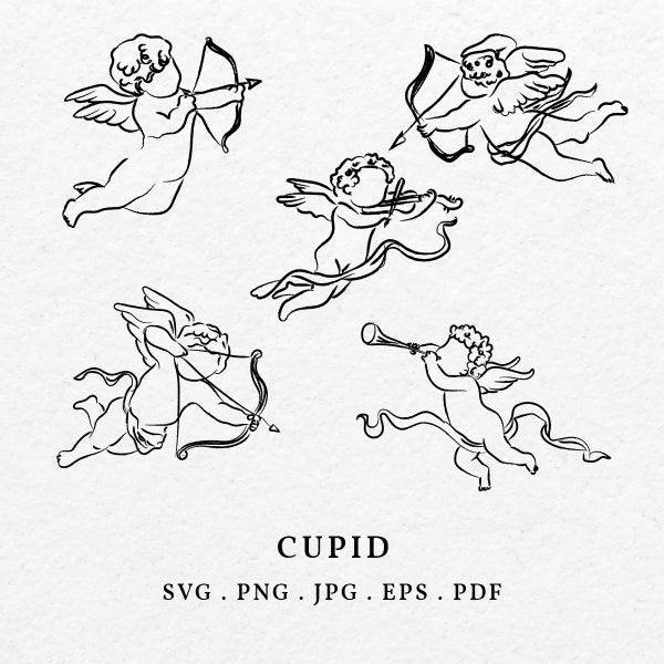 Hand Drawn Cupid Illustration SVG PNG - Drawing Cupid Line Art, Cupid Whimsical French Style, Wedding Invitation and Engagement Party Icon
