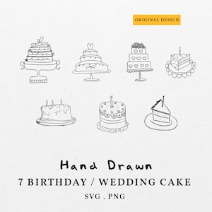 Bundle Hand Drawn Birthday Cake Illustrations PNG SVG - Wedding Party Invitation Cake, Marriage Cake Icon Slice Decorations Clipart Line Art