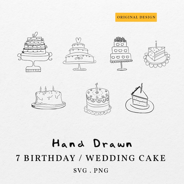 Bundle Handgezeichnete Geburtstagstorte Illustrationen PNG SVG - Hochzeit Party Einladung Kuchen, Hochzeitstorte Symbol Scheibe Dekorationen Clipart Line Art