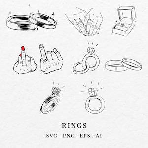 May include: A set of black and white line drawings of various rings. The drawings include a ring box, two hands with rings on their fingers, two rings with diamonds, and two sets of wedding bands.