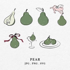以下が含まれることがあります： さまざまなスタイルの梨を描いたイラストのセットです。梨は、丸ごと、半分にカットしたもの、グラスに入っているものなどがあります。1つの梨には赤いリボンが結ばれています。画像の下部には「PEAR JPG. PNG. SVG」というテキストがあります。