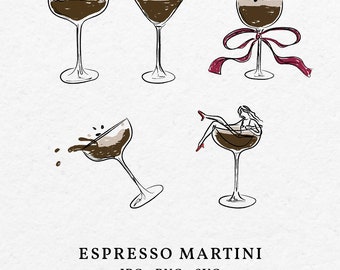 Espresso Martini Illustration – Hand-Drawn Cocktail Clipart, SVG PNG (Digital Download)