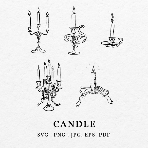 Bougie Light Illustration SVG PNG Bundle - Clipart conique dessiné à la main, dessin candélabre croquis dessin au trait, vecteur de contour de lumière de cire