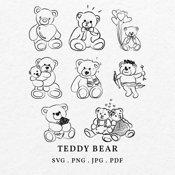 Valentine Teddy Bear Illustration Bundle SVG PNG - Hand Drawn Cute Teddy Bear With Love And Bow, Drawing Bear Clip Art Heart Love Icon