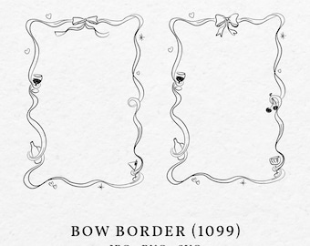 Border Frame with Wavy Bow Illustration SVG PNG - Hand Drawn Whimsical Frame Clip Art Outline With Glass Wine Champagne Wedding Invitation