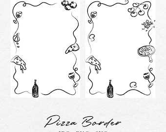 Pizza & Wine Border Frame – Hand-Drawn Wedding Invitation Clipart (SVG, PNG)