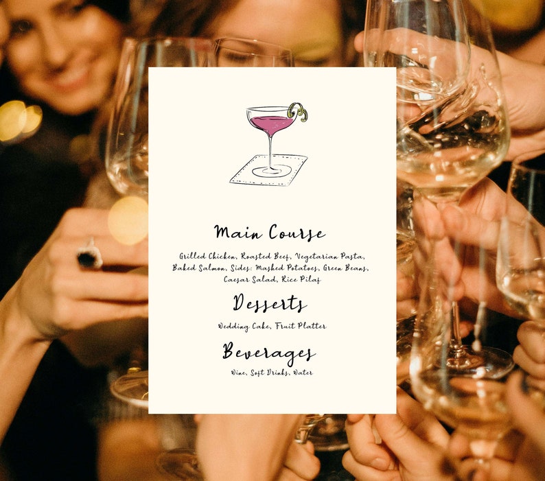 wedding menu with cosmopolitan cocktail illustration