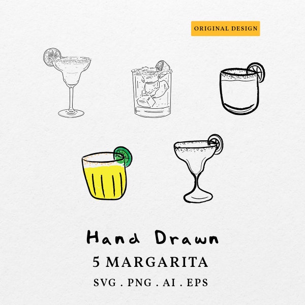 Bundle Margarita Cocktail SVG PNG, Hand Drawn Drink Clip Art, Wedding Signature Transparent, Drawing Wedding Logo Icon Sign Bar Cart