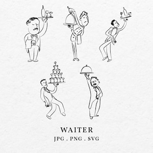 Ilustração de garçom desenhada à mão Clip Art Bundle SVG PNG - Whimsical Doodle Italian Server Waitstaff Icon Outline para convite de casamento