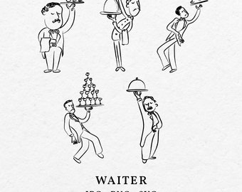 Hand Drawn Waiter Illustration Clip Art Bundle SVG PNG - Whimsical Doodle Italian Server Waitstaff Icon Outline For Wedding Invitation