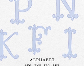 Wedding Alphabet Monogram DIY SVG PNG Bundle - Drawing Vintage Letters, Hand Drawn Calligraphy Letter Baby Blue Art Icon Clipart For Crest