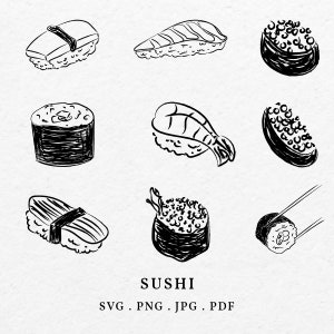 Hand Drawn Japanese Sushi Illustration Bundle SVG PNG - Esboço de ícone de comida extravagante, esboço estacionário e cartão de menu de casamento Clip Art
