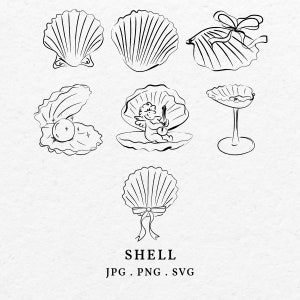 Schelp illustratie Clip Art SVG PNG-bundel - Handgetekende grillige tekening schelppictogram met strik Cupido voor bruiloft uitnodiging Menuoverzicht