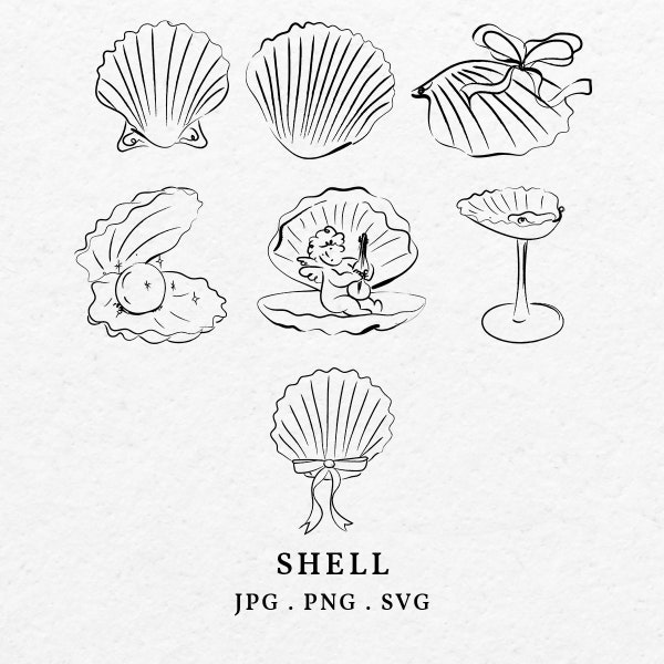 Shell Illustration Clip Art SVG PNG Bundle - Hand Drawn Whimsical Drawing Shell Icon With Bow Cupid For Wedding Invitation Menu Outline