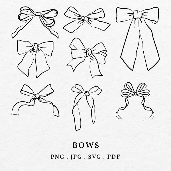 Hand Drawn Bows Illustration Bundle SVG PNG - Whimsical Bow Clip Art Outline Icon For Wedding Invitation, Drawing Ribbon Cut File