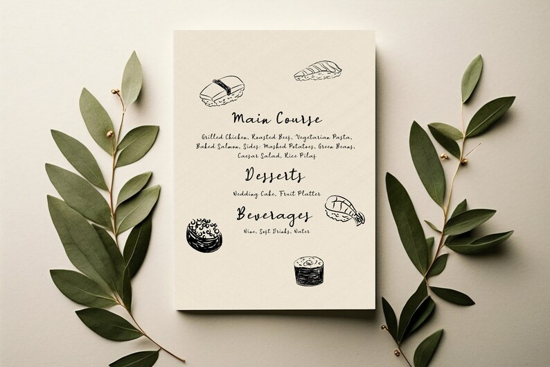 menu wedding card with sushi illustration