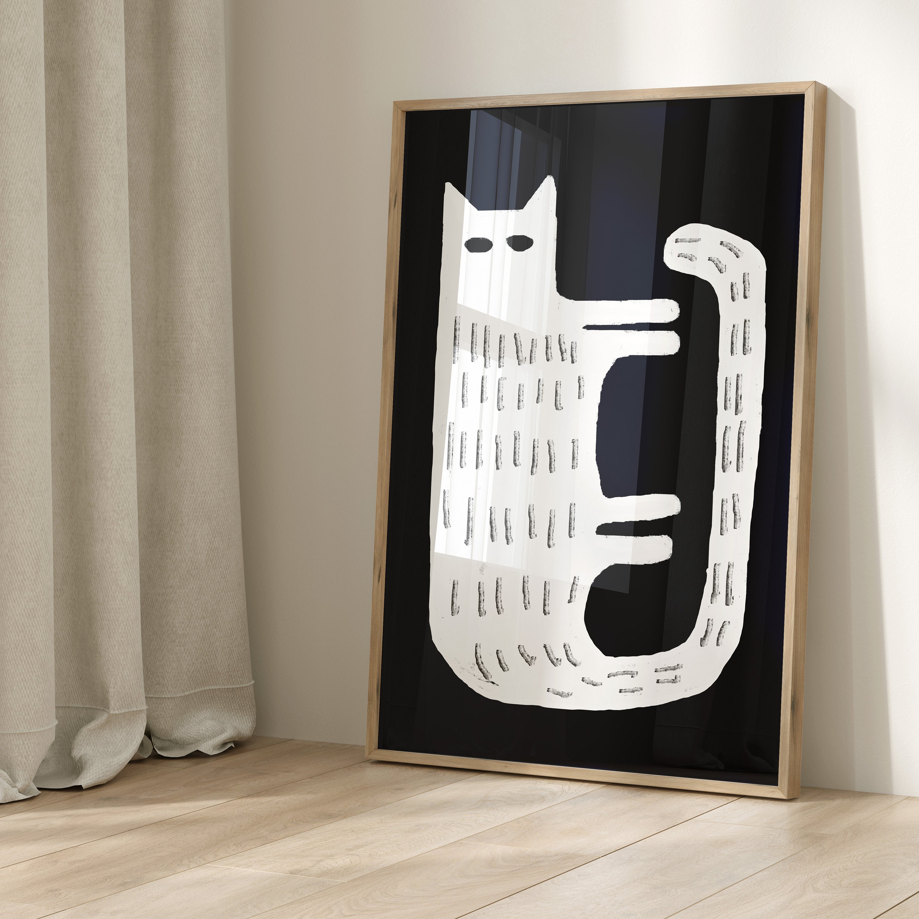 Minimalist White Cat Art Print – Modern Black & White Kitty