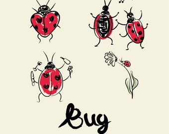 Handgetekende lieveheersbeestje-illustraties – grillige grafische bruiloftsuitnodiging (svg, png)