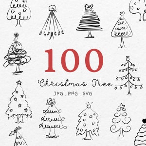 Hand Drawn Christmas Tree Illustration Clip Art Bundle SVG PNG - Whimsical Doodle Christmas Element Icon Outline Sketch Invitation Poster