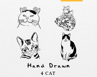 Cute Cat illustratie bundel PNG SVG - tekening Fat Cat clipart, hoofd kat silhouet, grappige kat gesneden bestand, kitten schets kunst, Kitty Face