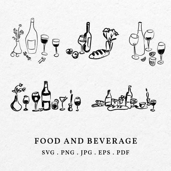 Food and Beverage Set Illustration SVG PNG - Hand Drawn Drink Italian, Drawing Wine Clipart, Wedding Rehearsal Dinner, The Night Before Art