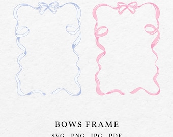 Bows Frame Illustration SVG PNG 5&quot;x7&quot; - Hand Drawn Ribbon Border Icon For Baby Shower, Drawing Bows Pink and Baby Blue Twirly Whimsical