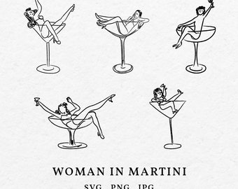 Woman in Martini Glass Illustration SVG PNG Bundle - Bachelorette Party Icon Outline, Hand Drawn Whimsical Clipart, Drawing Wedding Symbol