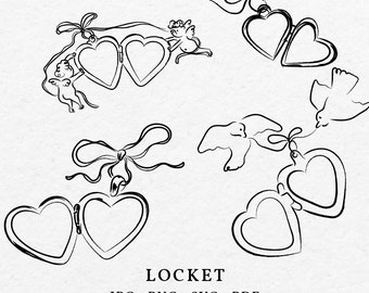 Hand Drawn Heart Locket Illustration Bundle Clip Art SVG PNG - Whimsical Love Locket Doodle Icon Outline Wedding Invitation Bridal Shower