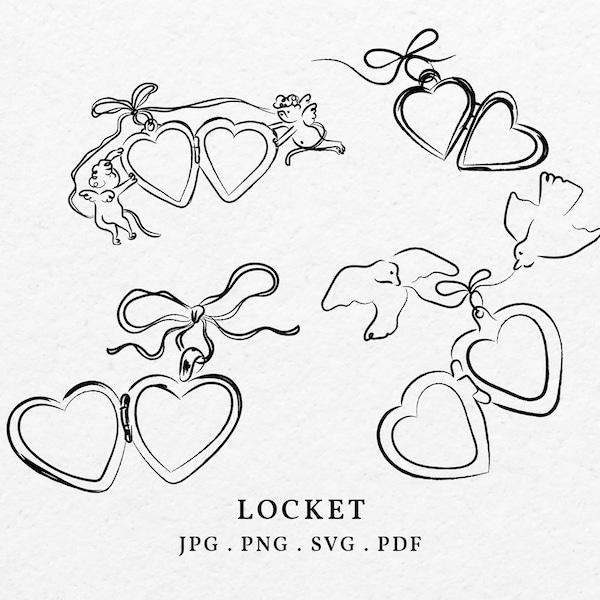 Hand Drawn Heart Locket Illustration Bundle Clip Art SVG PNG - Whimsical Love Locket Doodle Icon Outline Wedding Invitation Bridal Shower