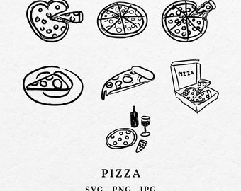 Pizza Illustration Bundle SVG PNG Bundle - Hand Drawn Italian Food Outline, Pizza Slice Clipart, Pizza In a Box Line Art, Pizza Sketch Icon