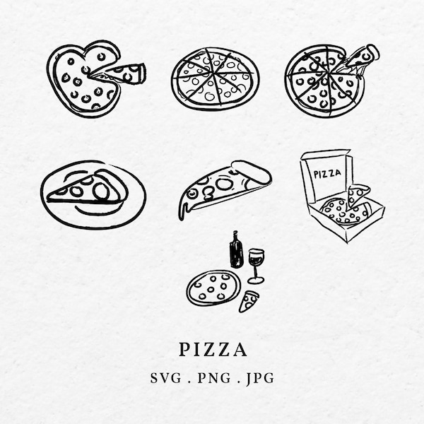 Pizza Illustration Bundle SVG PNG Bundle - Hand Drawn Italian Food Outline, Pizza Slice Clipart, Pizza In a Box Line Art, Pizza Sketch Icon