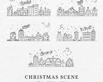 Hand-Drawn Christmas Village Scene Clipart – SVG, PNG, PDF