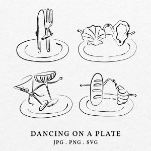 Hand Drawn Dancing On a Plate Illustration Bundle Clip Art SVG PNG - Doodle Whimsical Oyster Shell Dinnerware For Wedding Invitation Sketch