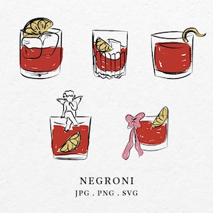 Handgezeichnete Negroni Illustration Clip Art Bundle SVG PNG - Whimsical Doodle Zeichnung Cocktail Icon Kunstwerk für Hochzeitseinladungsmenü