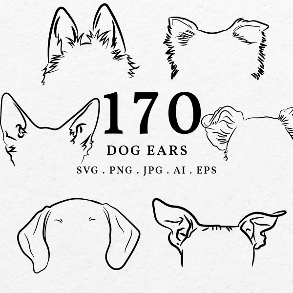 Dog Breed Ears Illustration SVG PNG Bundle - Hand Drawn Dog Ears Outline, Clipart For Tattoo Design, Line Art Type of Dogs Cut File Drawing