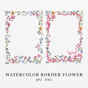 Blumenrand Rahmen Aquarell Illustration JPG PNG - Handgezeichnete skurrile Blütenborte mit rosa Schleife Clip Art Symbol für Hochzeitseinladungen