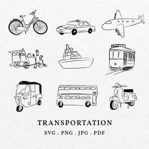 Openbaar vervoer illustratie SVG PNG-bundel - handgetekende taxi-clipart, tekening buslijntekeningen, schets vliegtuigoverzicht, fietspictogram