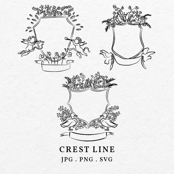 Hand Drawn Wedding Crest Clip Art Illustration Bundle SVG PNG - Whimsical Crest For Wedding Invitation, Bridal and Baby Shower Artwork Icon