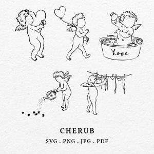 Engel Illustration mit Liebe Symbol für Valentinstag Einladung - Hand gezeichnet Amor Clip Art, Zeichnung wunderliche Gott der Liebe ikonische Gliederung