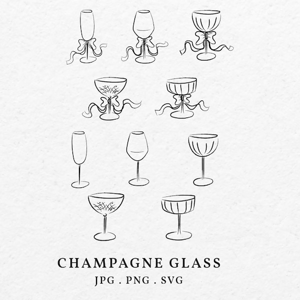 Champagne Glass With Bow Illustration Bundle SVG PNG - Hand Drawn Whimsical Champagne Glass Flute Tulip Coupe Clip Art Outline For Wedding