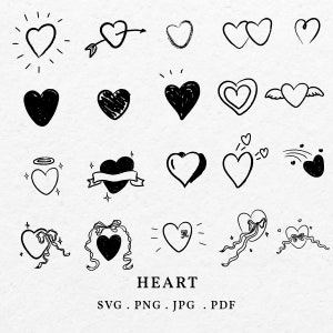 Coração amor ilustração pacote SVG PNG - ícone de coração doodle desenhado à mão com arco, desenho de clipart de dia dos namorados, esboço de coração com fita