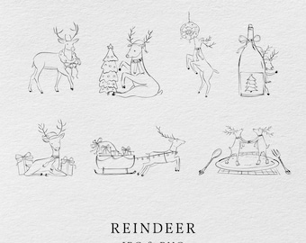 Peut inclure: Dessins au trait noirs de rennes dans diverses poses festives, dont un avec un sapin de Noël, tirant un traîneau et sur une assiette avec des couverts. Le mot "REINDEER" est écrit en dessous, avec "JPG & PNG".