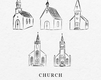 Ilustración de la iglesia dibujada a mano SVG PNG Bundle - Dibujo invitación de boda Capilla Cristiana Católica Oración Casa de Dios Esquema Clip Art