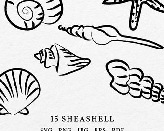 Seashell Line Art Illustration Bundle – Nautical SVG, PNG (Digital Download)