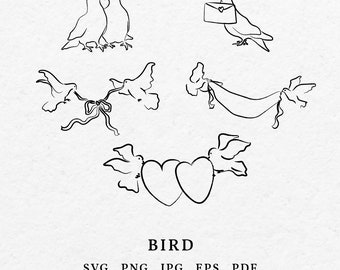 Hand Drawn Bird Illustration SVG PNG - Drawing Dove Clipart, Pigeon Icon, Lovebird Line Art For Wedding Invitation, Marriage Card Template