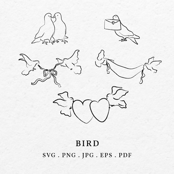 Hand Drawn Bird Illustration SVG PNG - Drawing Dove Clipart, Pigeon Icon, Lovebird Line Art For Wedding Invitation, Marriage Card Template