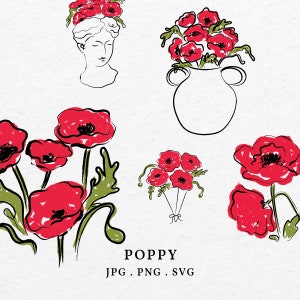 Caprichoso paquete de ilustración de flores de amapola SVG PNG - Dibujado a mano Poppy Doodle Floristería Clip Art Esquema Icono Boda Ducha Nupcial Invitación
